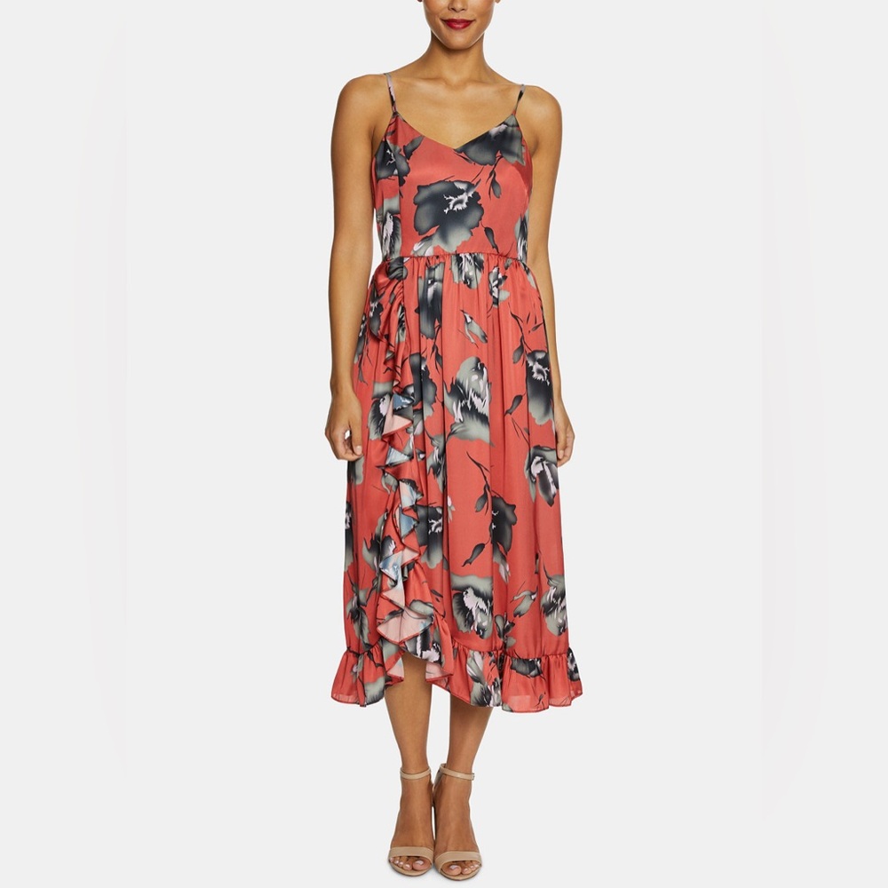 AVEC LES FILLES Size 2 Brushstroke Floral Ruffled Midi Dress Hi-Low Hem
